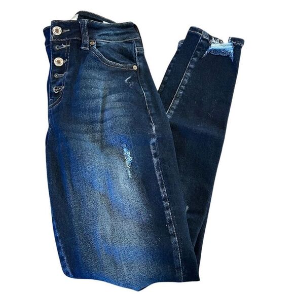 KanCan Women's High Rise Skinny Jeans Juniors Size 5 Blue Frayed Hem Stretchy - Picture 1 of 9